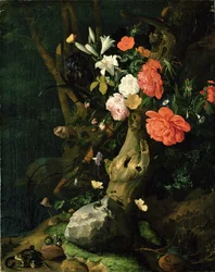 Stilleven van bloemen op bosgrond